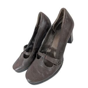 BASS! FAB ESPRESSO BROWN GENUINE LEATHER MARY JANE STYLE STACKED HEELS! SZ 7M
